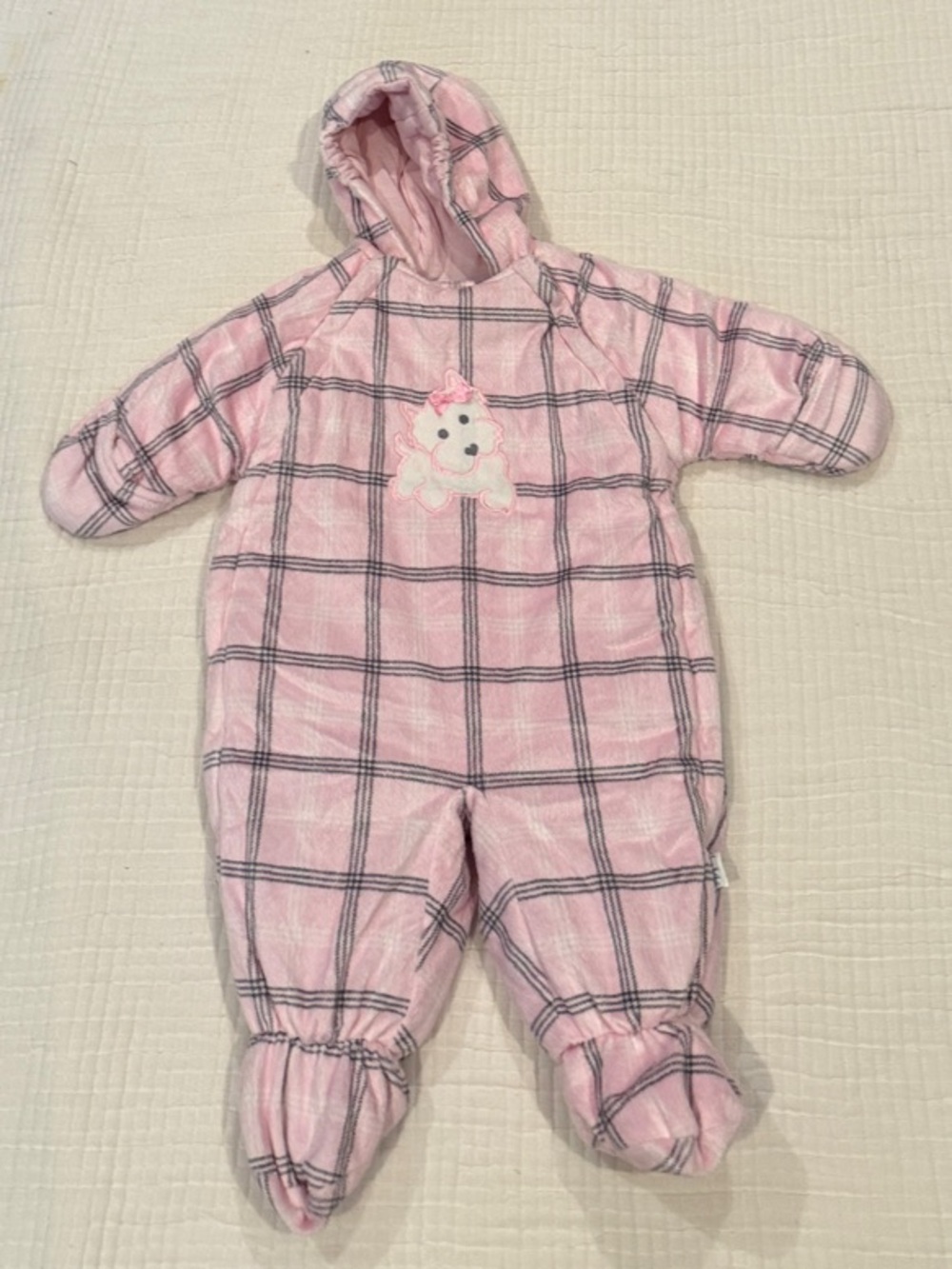 Bon Bebe Pink Plaid Hooded One-Piece Snow Suit Outerwear with Puppy and bow